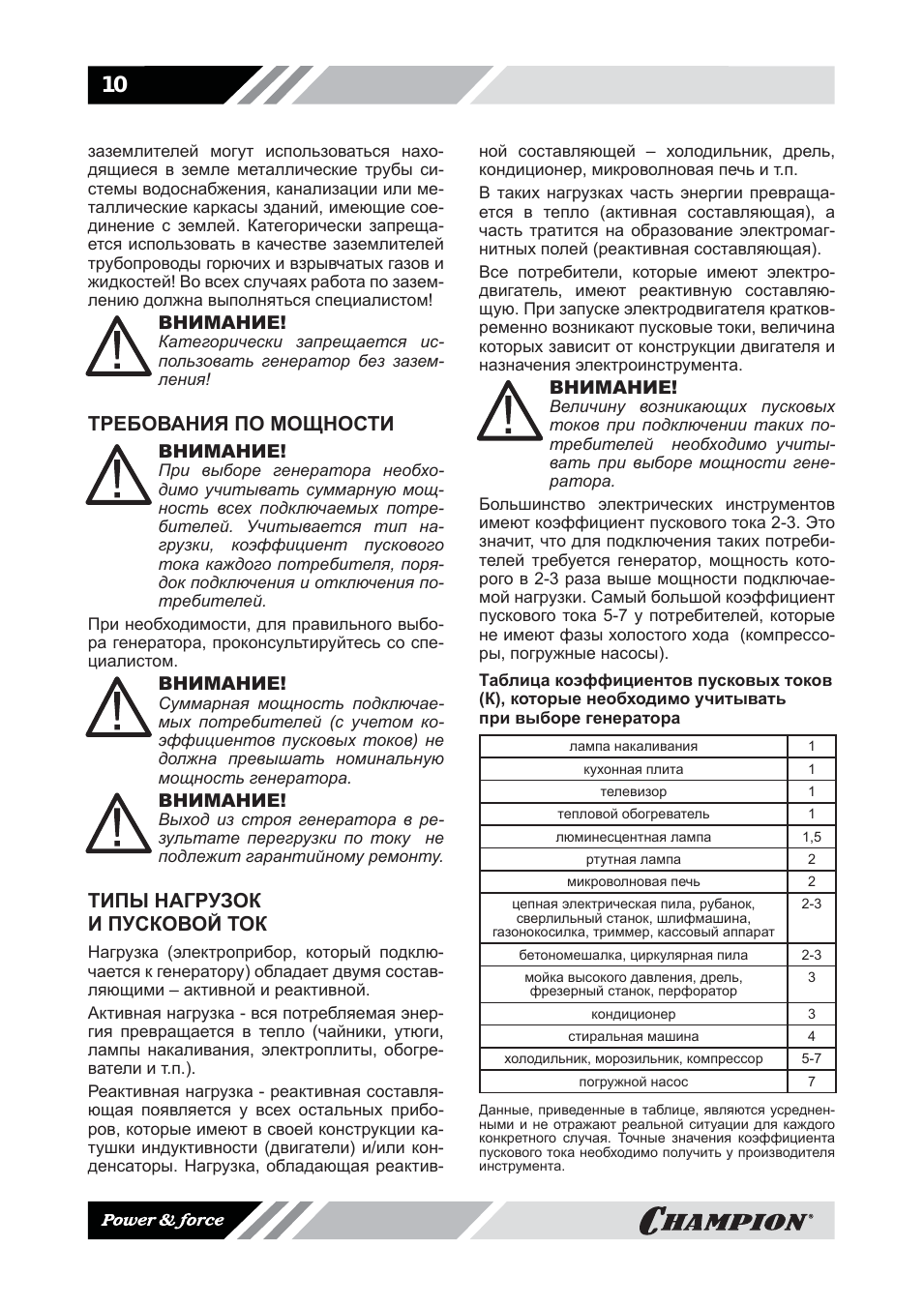 Требования по мощности, Типы нагрузок и пусковой ток