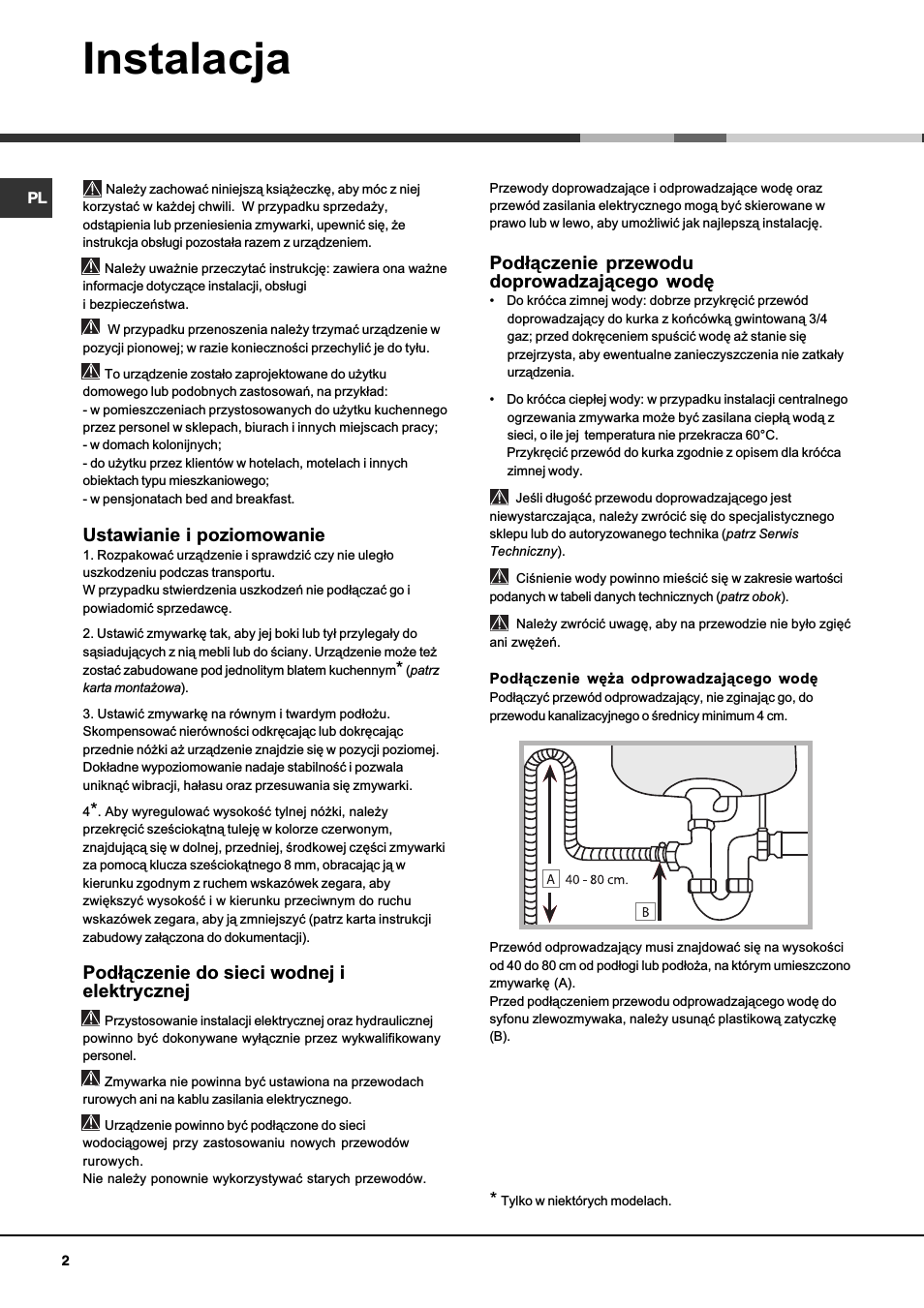 Instalacja, Ustawianie i poziomowanie, Pod³¹czenie do sieci wodnej i elektrycznej