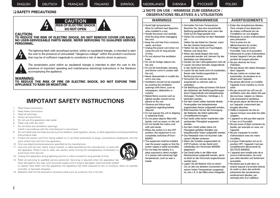 Impotant safety instructions, Caution, Warning