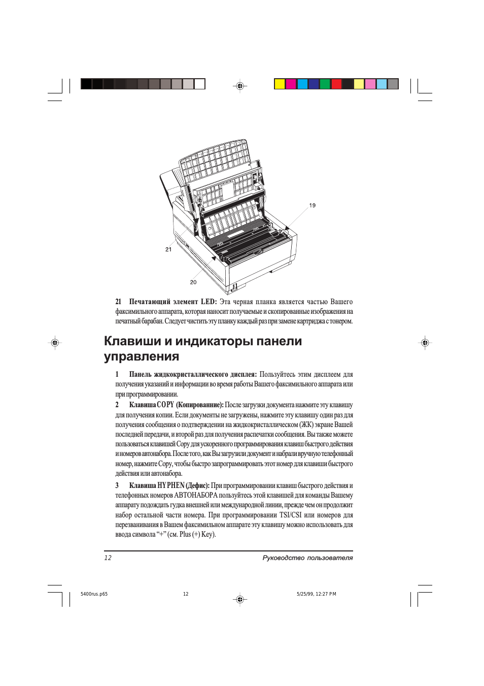 Клавиши и индикаторы панели управления