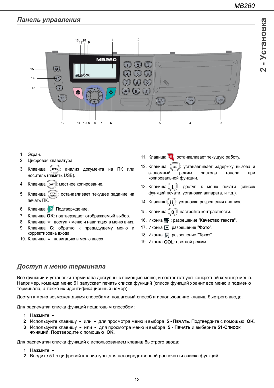 Панель уп²авлениш, Доступ к мен те²минала, Панель управления 13 доступ к меню терминала 13