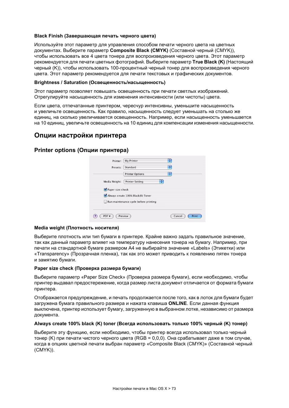 Опции настройки принтера, Printer options (опции принтера)