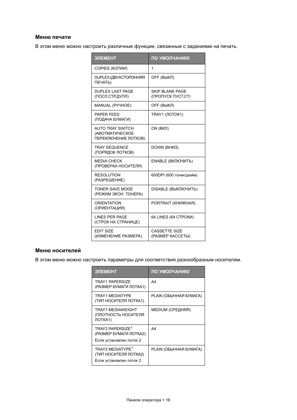 Меню печати, Меню носителей
