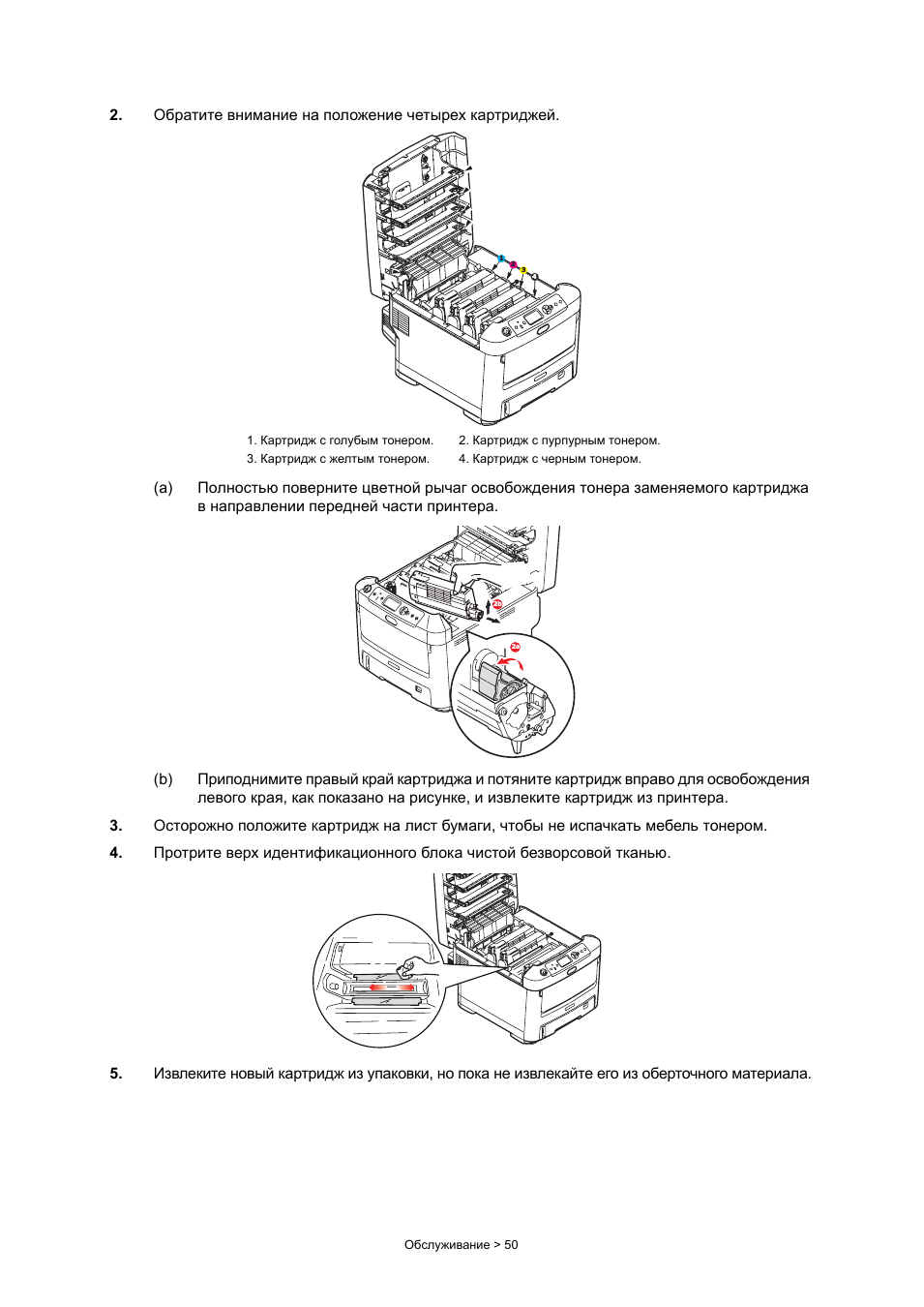 . Обратите внимание на положение четырех картриджей. ...