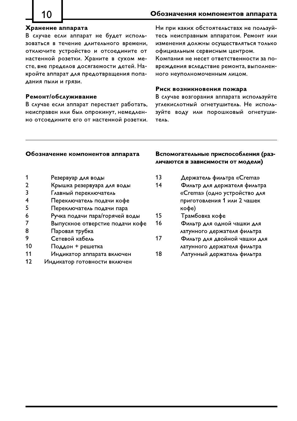 Ремонт/обслуживание, Риск возникновения пожара, Обозначение компонентов аппарата