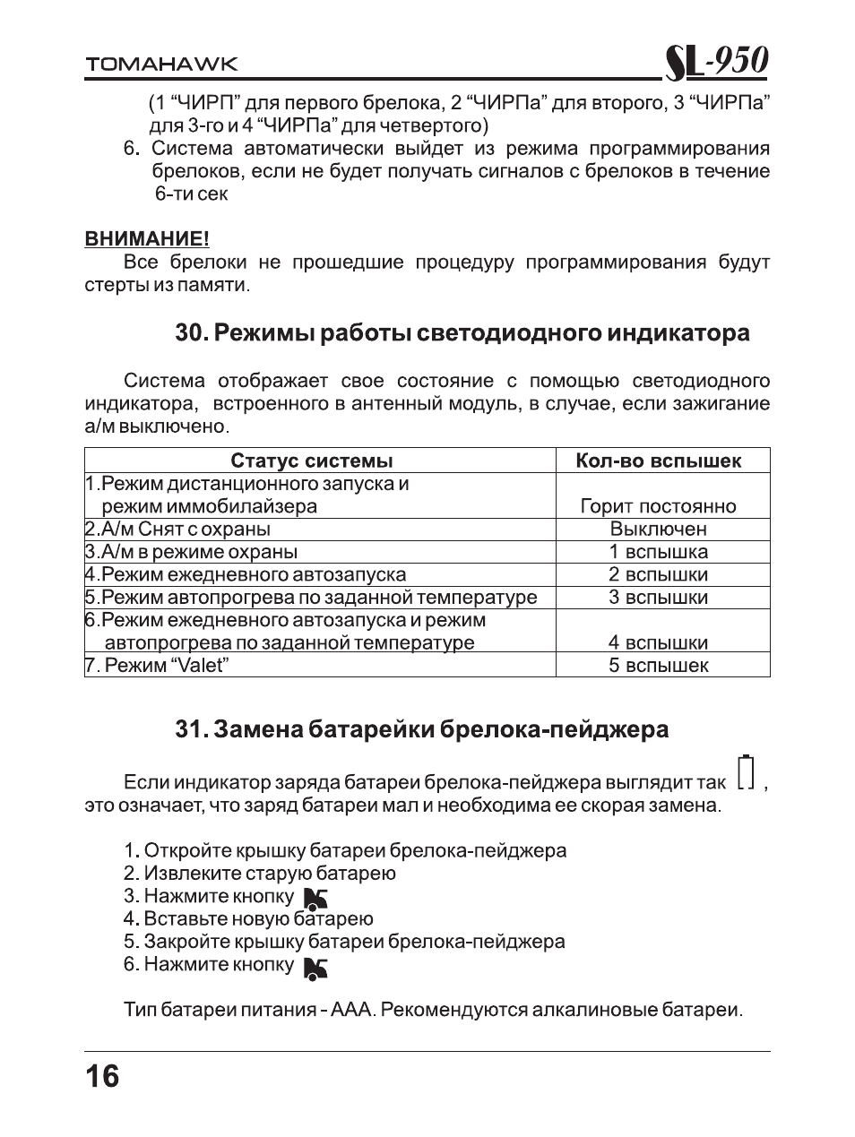 Режимы работы светодиодного индикатора, Замена батарейки брелока-пейджера, L-950