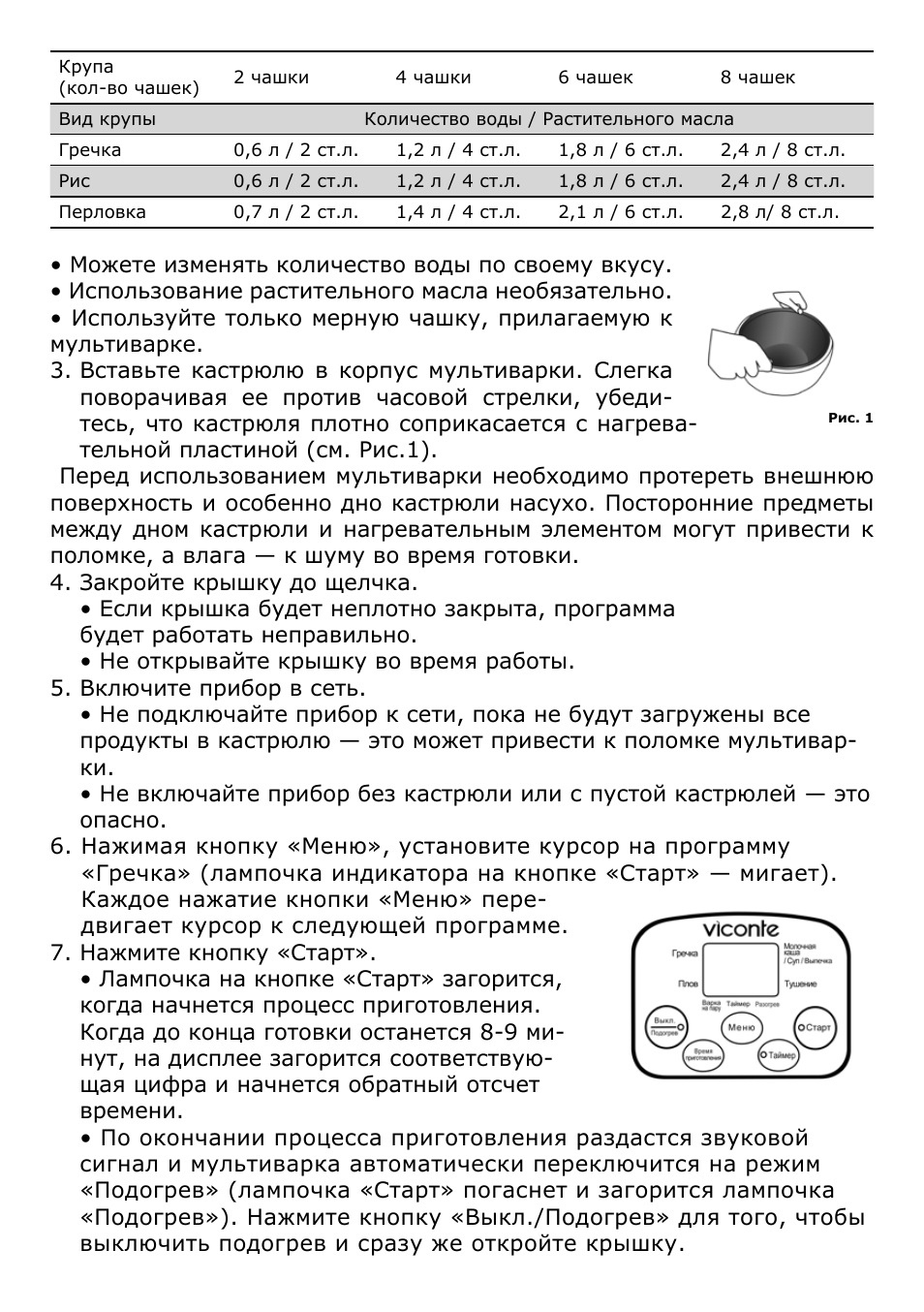  чашек Вид крупы Количество воды ...