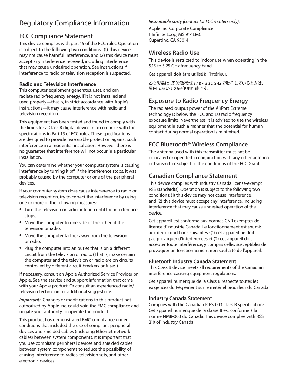 Regulatory compliance information