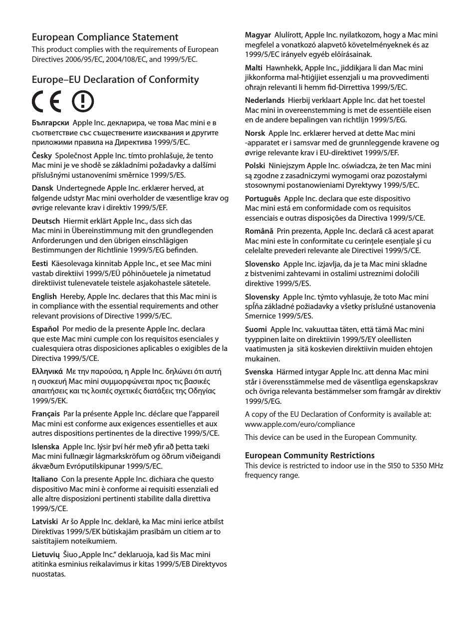 Magyar Alulírott, Apple Inc. nyilatkozom, hogy a Mac mini me...