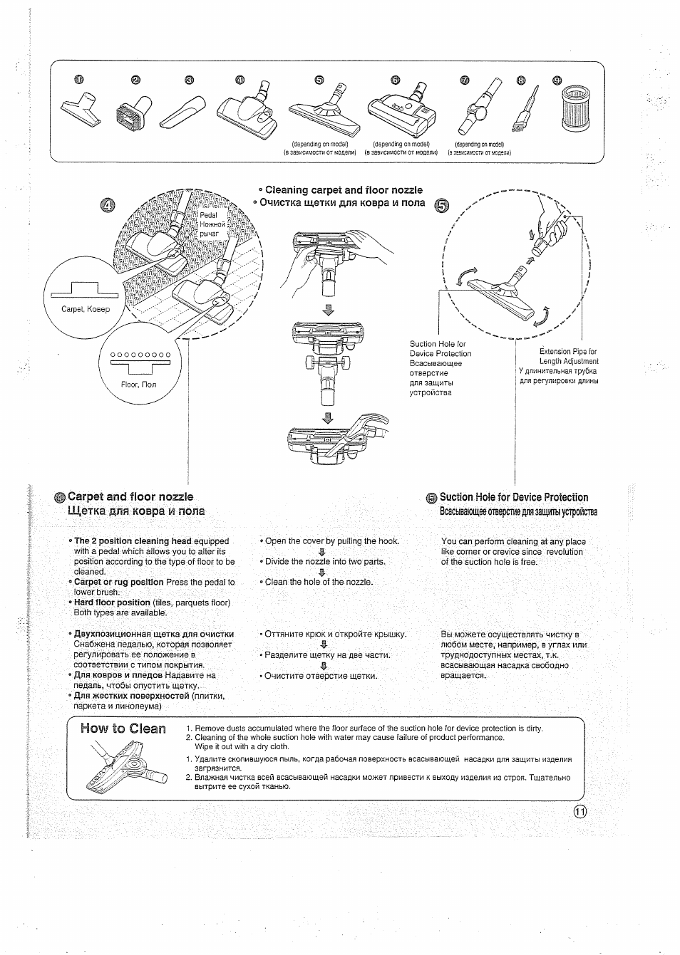 0 carpet and floor nozzle щетка для ковра и пола, Всасывающее отаерспю ря заиры устройства, How to clean