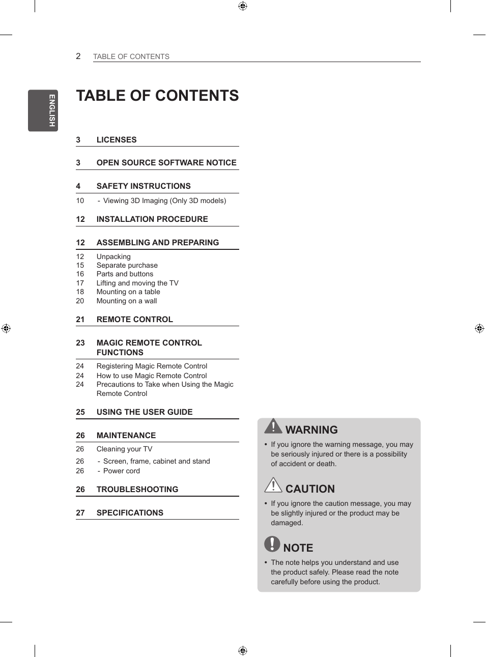 ENG ENGLISH TABLE OF CONTENTS TABLE OF CONTENTS...