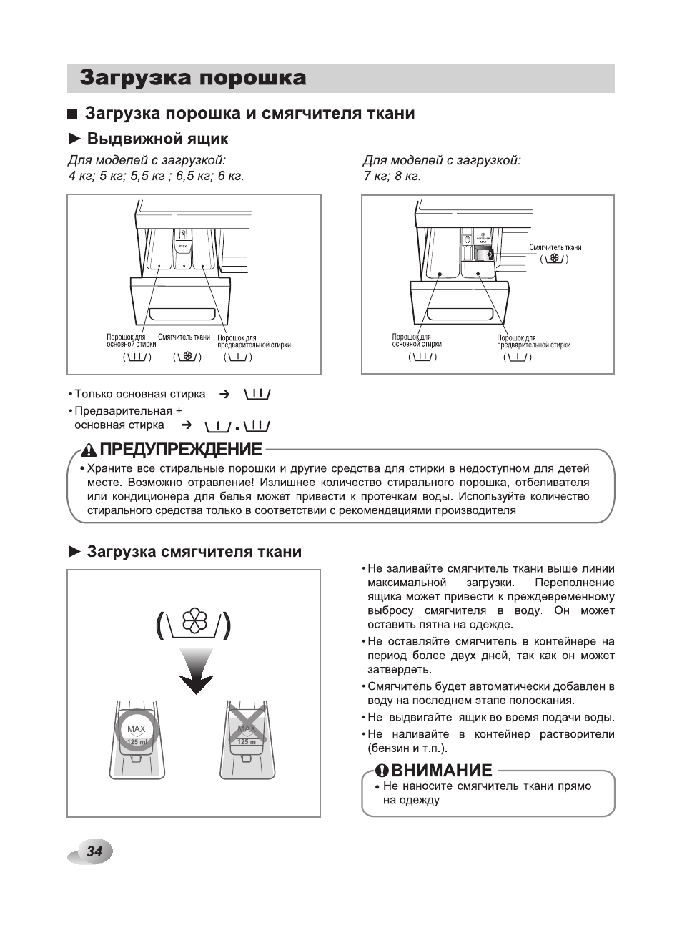 Загрузка порошка, Загрузка порошка и смягчителя ткани, А, предупреждение