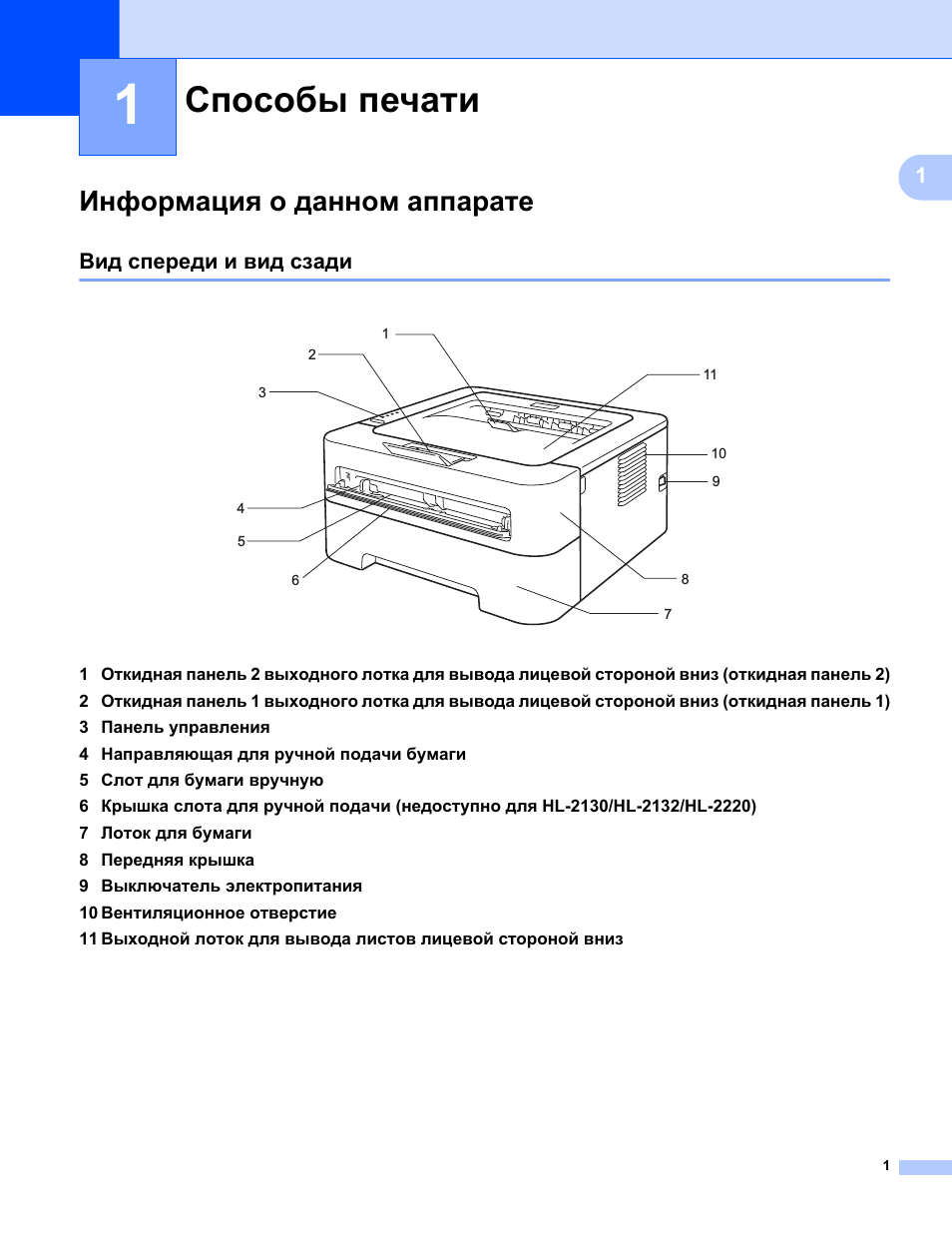 1 способы печати, Информация о данном аппарате, Вид спереди и вид сзади