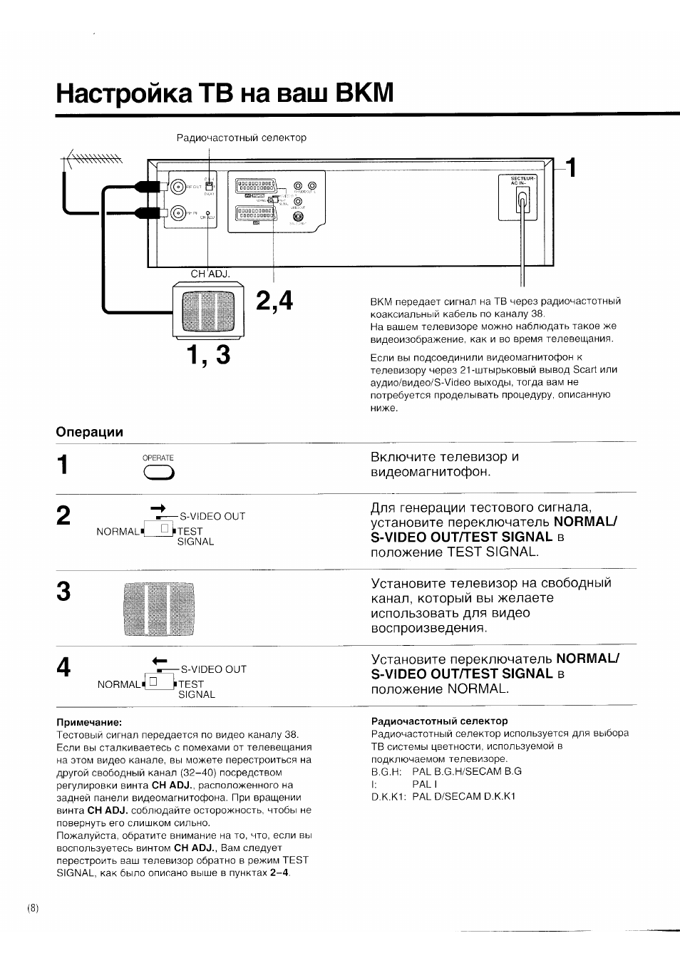 Настройка тв на ваш вкм, Операции, Включите телевизор и видеомагнитофон