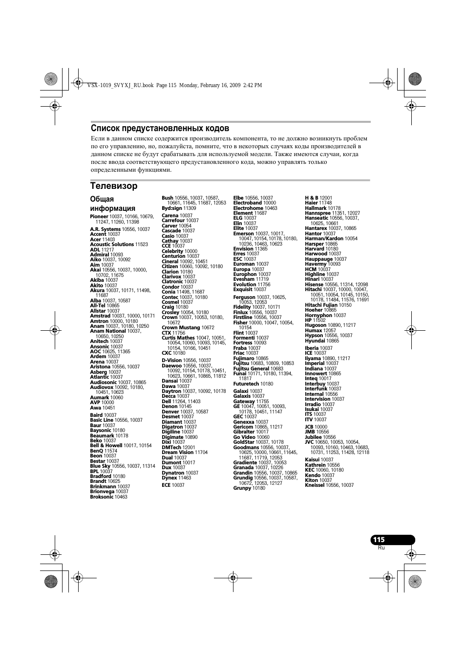 Список предустановленных кодов, Телевизор, Общая информация