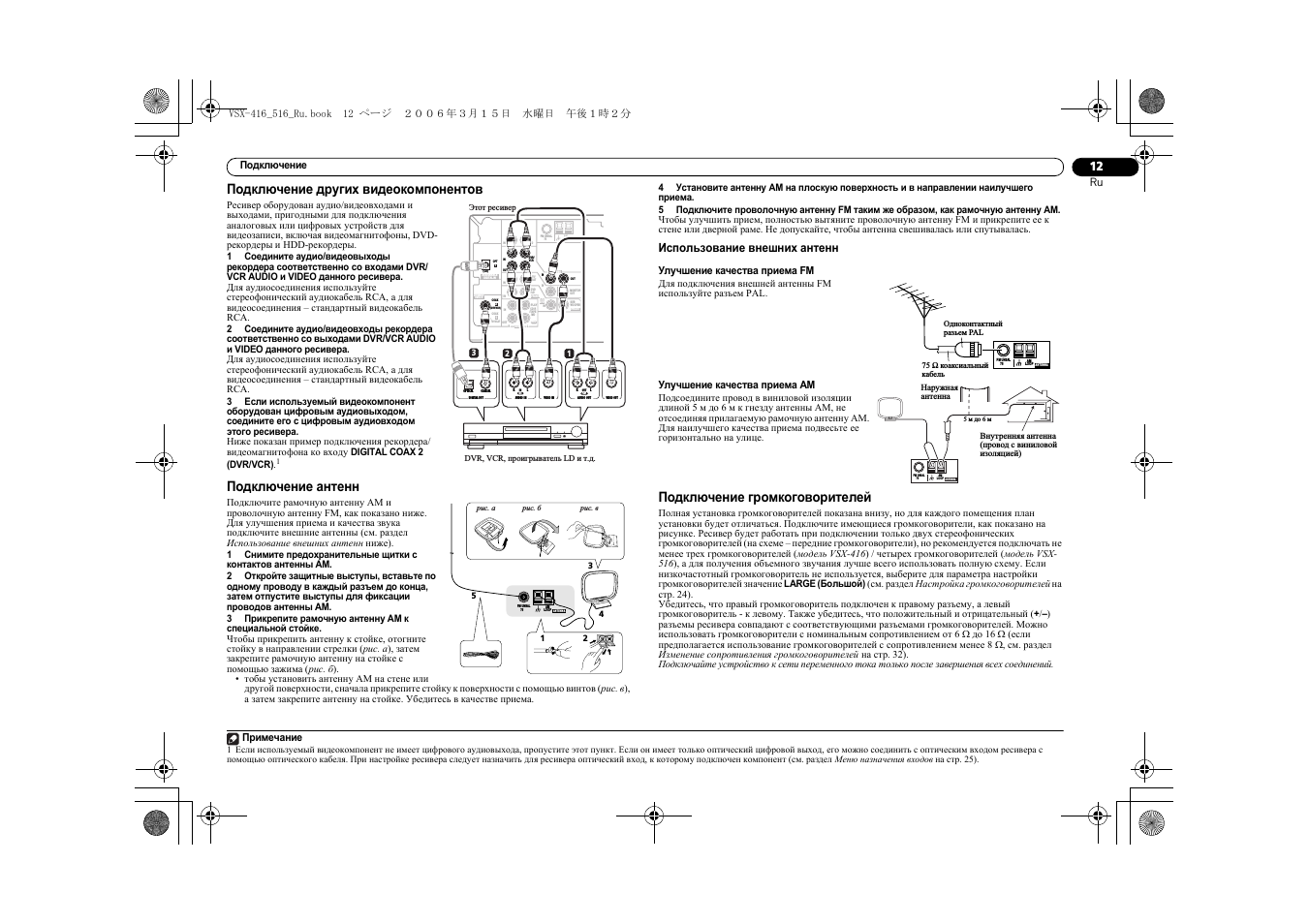 Использование внешних антенн, Подключение громкоговорителей, Dvr/vcr)
