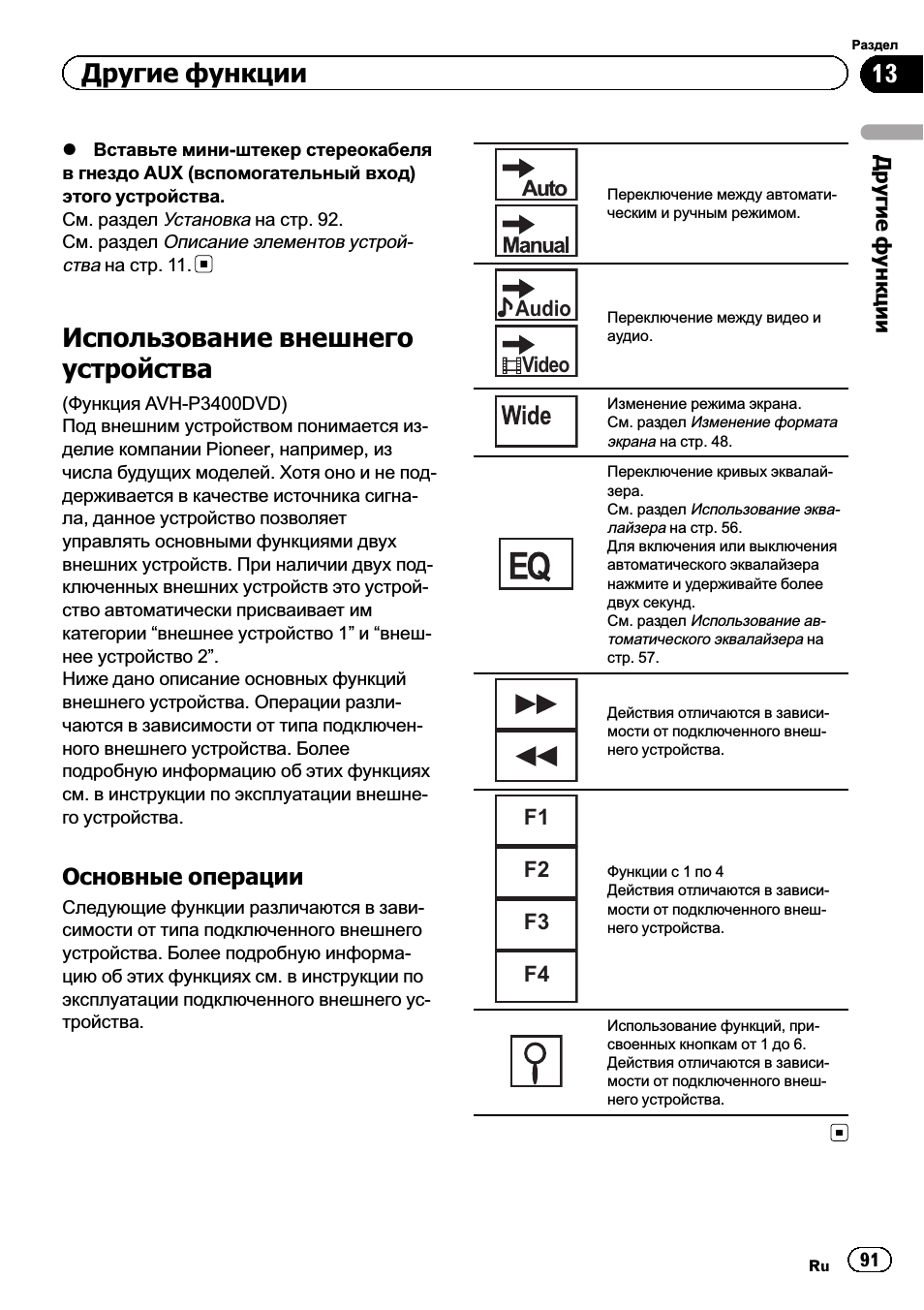 Использование внешнего устройства 91, Использование внешнего устройства, Другие функции