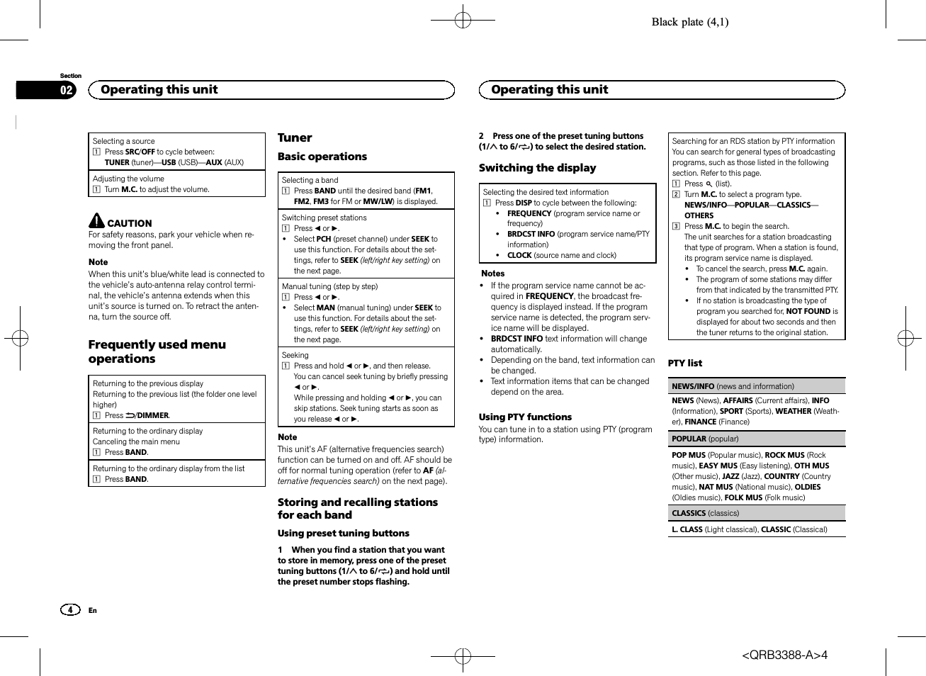 Frequently used menu operations, Tuner, Operating this unit
