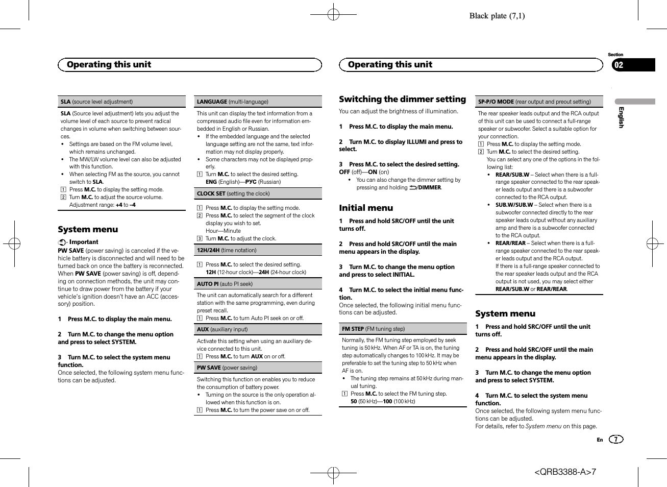 Sp-p/o mode (rear output and preout set, System menu, Switching the dimmer setting