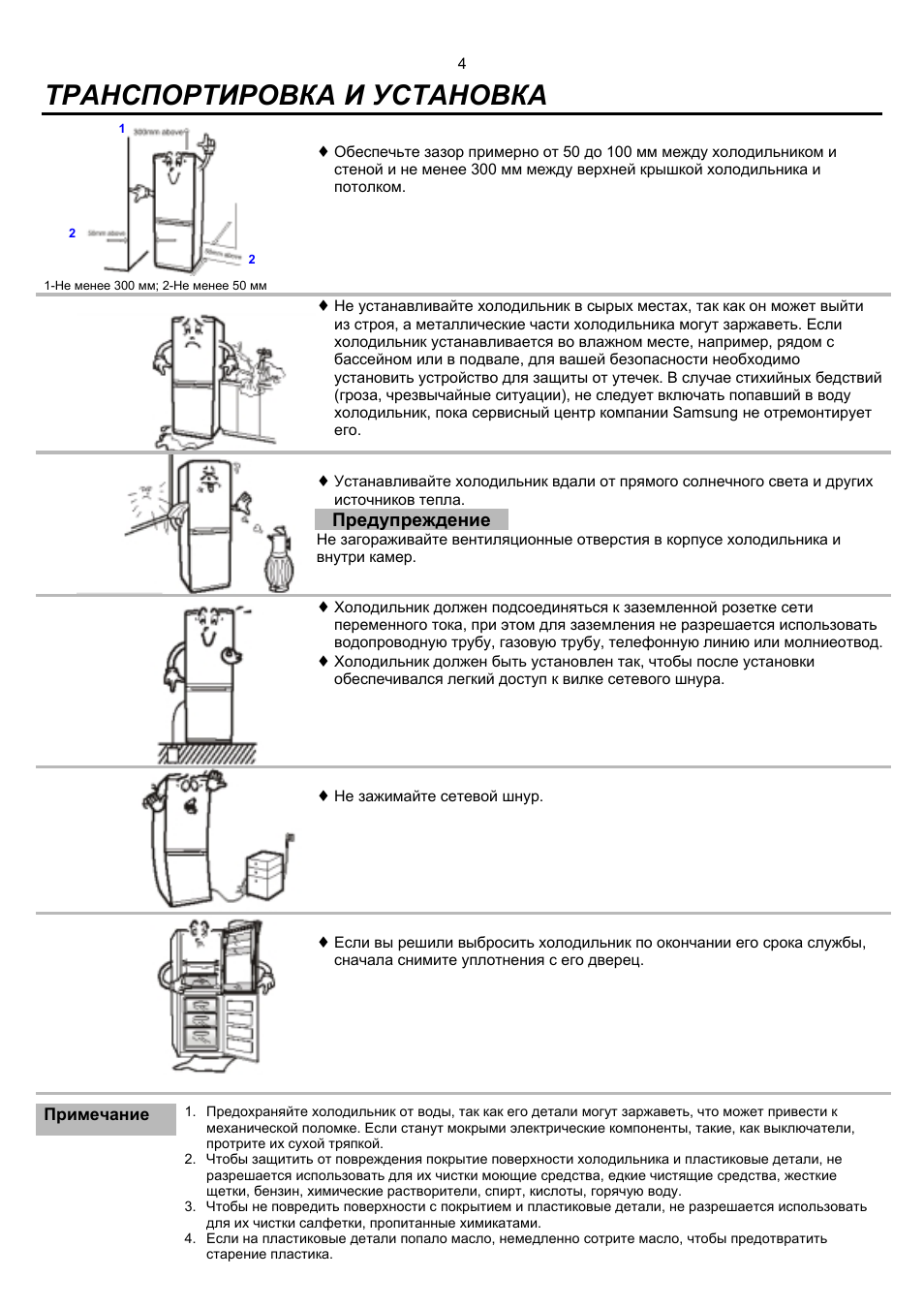 Транспортировка и установка, Предупреждение
