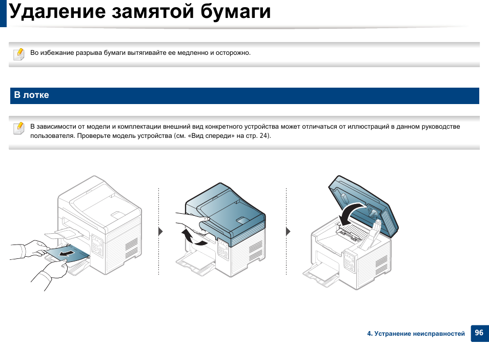 Удаление замятой бумаги, В лотке