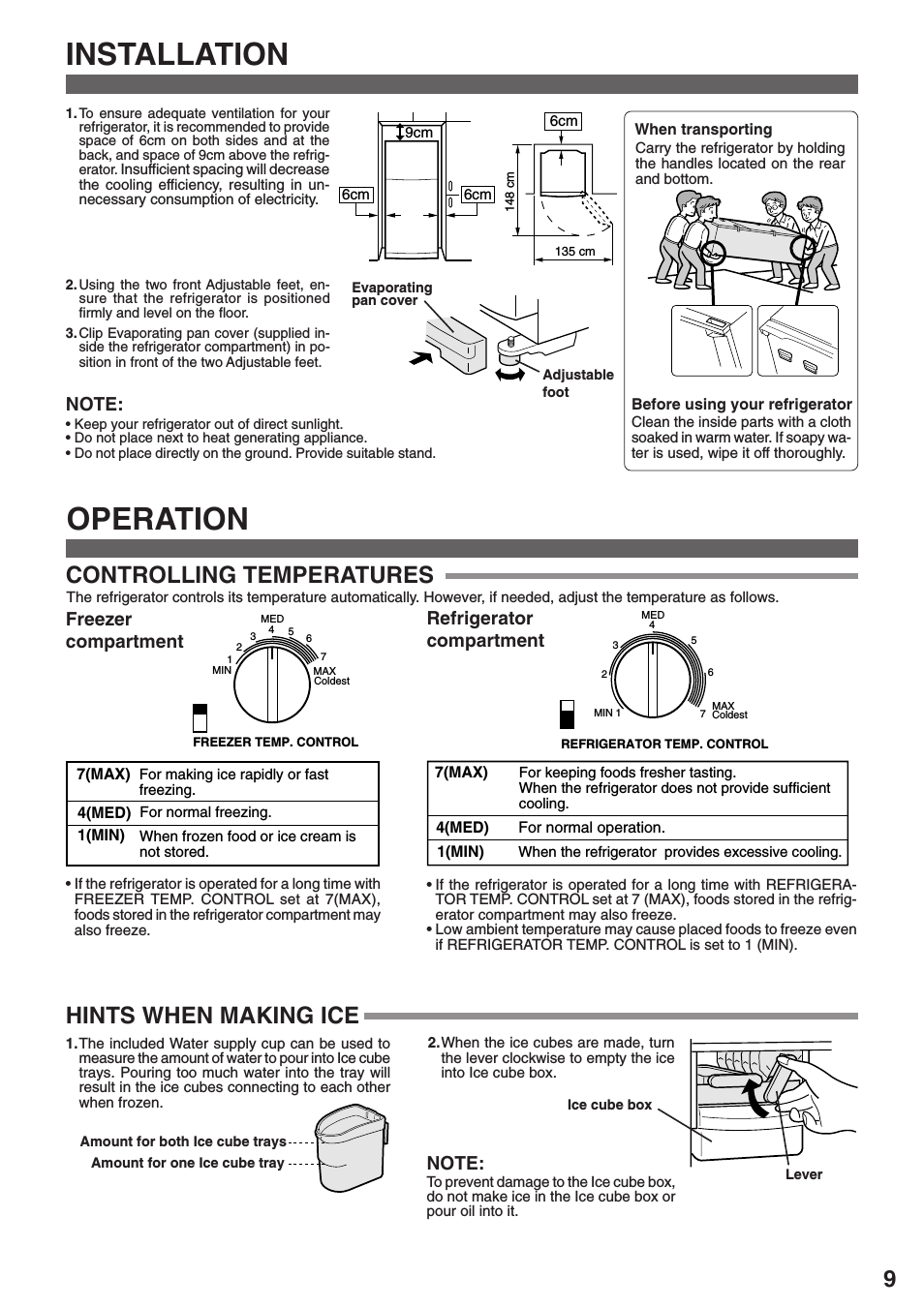 Installation, Operation, Controlling temperatures