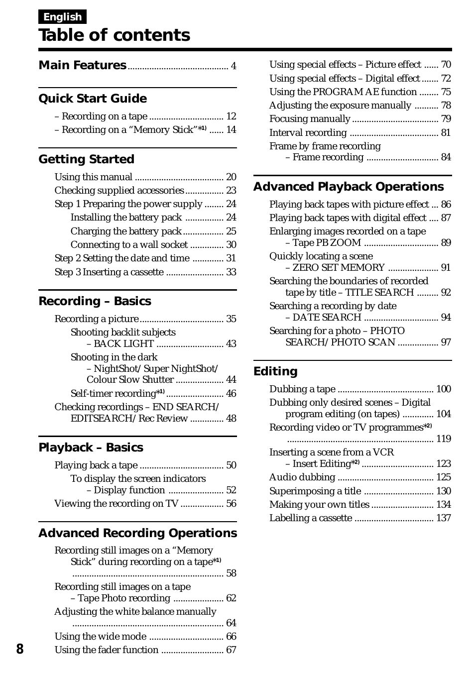 English Table of contents Main Features...