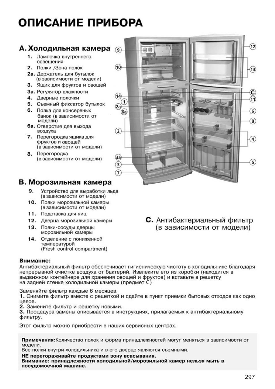Описание прибора, А. холодильная камера, В. морозильная камера