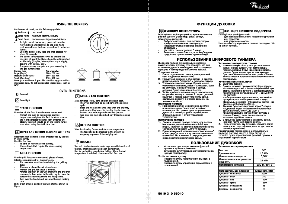 Oven functions, Using the burners, Использование цифрового таймера