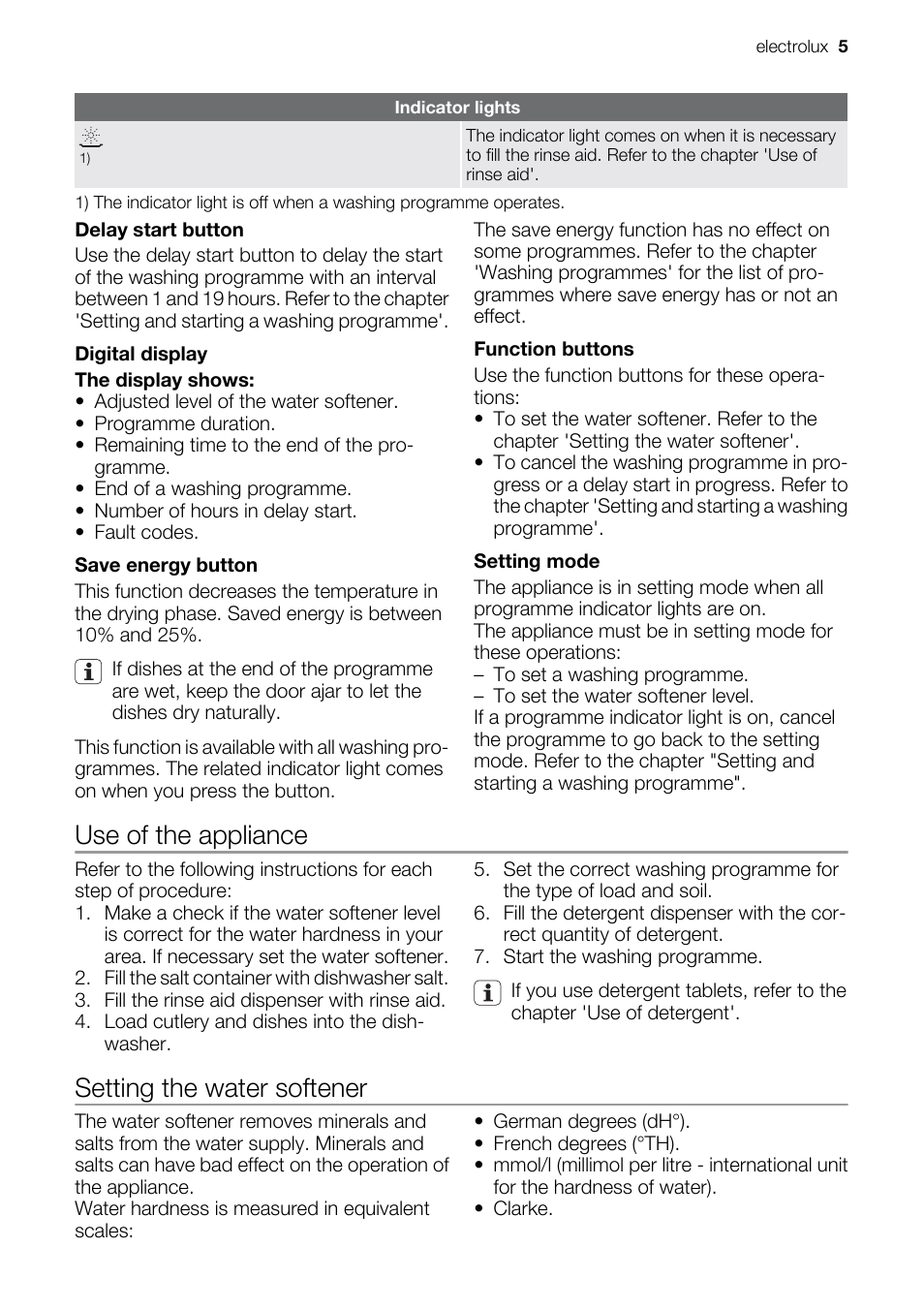Use of the appliance, Setting the water softener