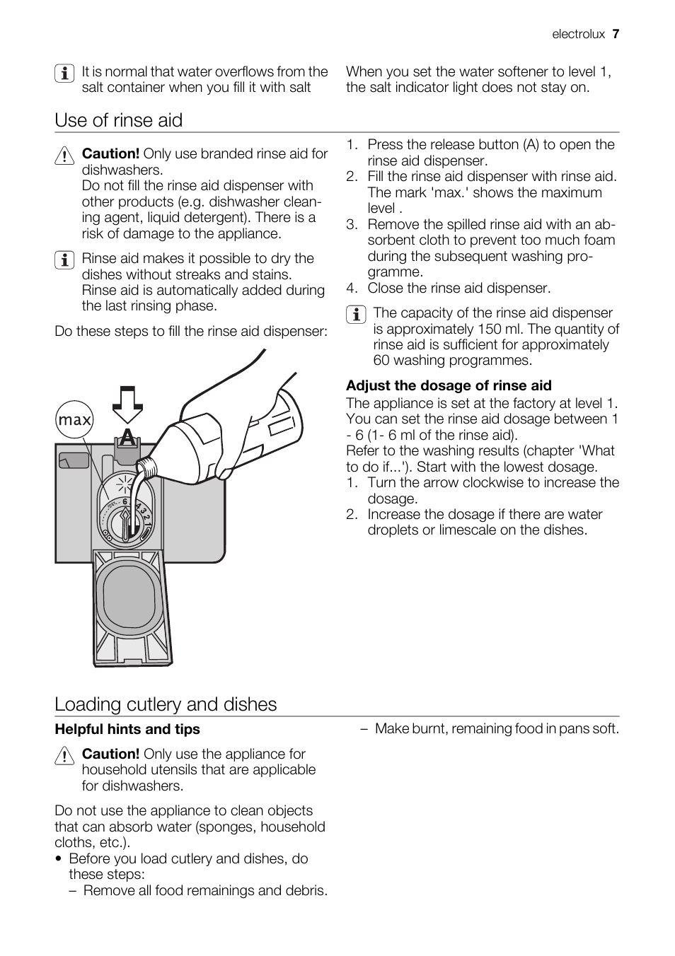 Use of rinse aid, Loading cutlery and dishes