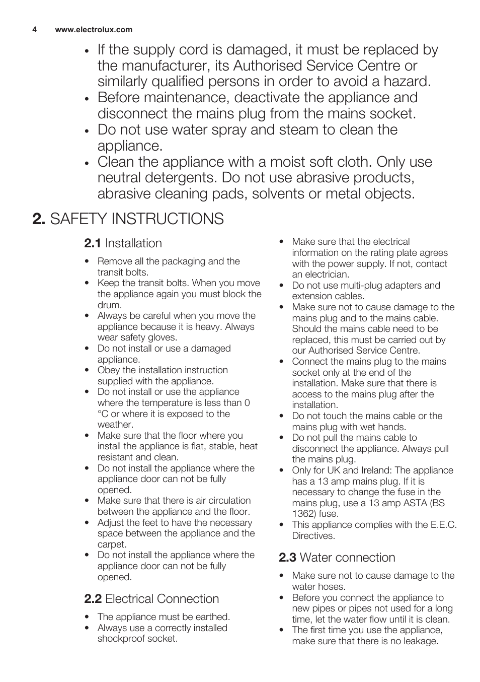 Safety instructions, 1 installation, 2 electrical connection