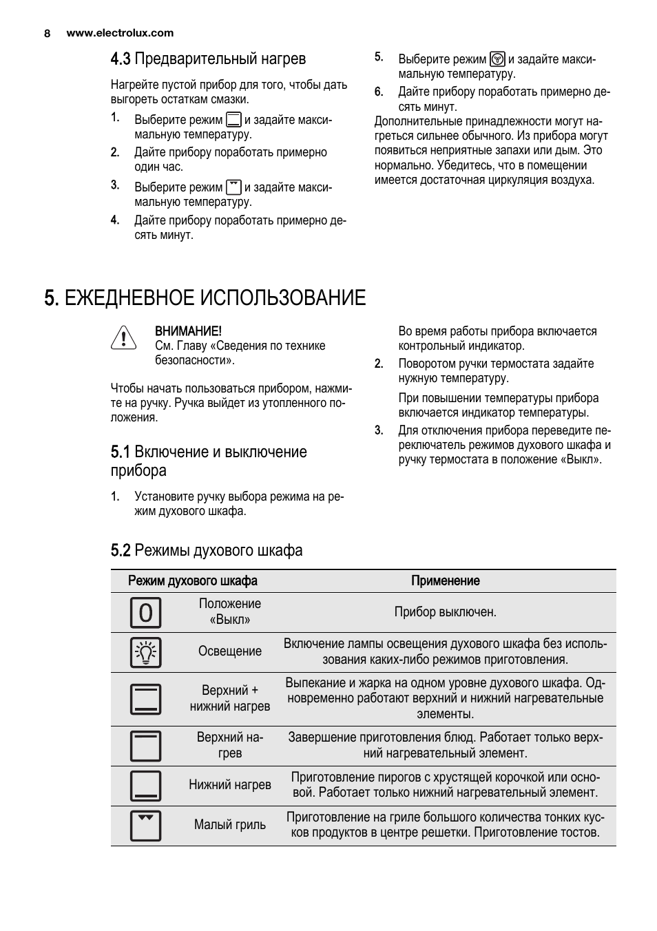 Ежедневное использование, 3 предварительный нагрев, 1 включение и выключение прибора